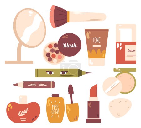Illustration for Makeup Set Contains An Array Of Cosmetics, Including Eyeshadows, Lipsticks, Brushes, And Liner with Tone, Allowing For Endless Creative Looks And Personal Expression. Cartoon Vector Illustration - Royalty Free Image