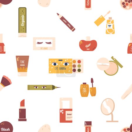 Illustration for Seamless Pattern Featuring Colorful And Playful Makeup Set, With Lipsticks, Eyeshadows, Brushes, And Other Beauty Products In A Repetitive, Artistic Design. Cartoon Vector Illustration, Tile Wallpaper - Royalty Free Image