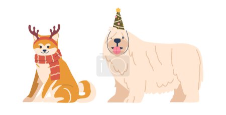 Téléchargez les illustrations : Adorables chiens Komondor et Shiba Inu de Noël, ornés de chapeaux festifs, d'écharpe et de bois de cerf, écartent la joie des fêtes avec des queues agitantes et des muselières drôles. Illustration vectorielle de bande dessinée - en licence libre de droit
