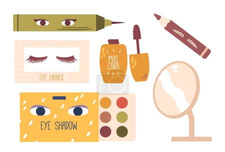 Illustration for Makeup Cosmetics for Eyes Includes Lashes, Liner, Eyeshadow, Eyebrow Pencil, Mascara, And Mirror. Used To Enhance Women Appearance And Create Diverse Looks For Different Occasions. Vector Illustration - Royalty Free Image