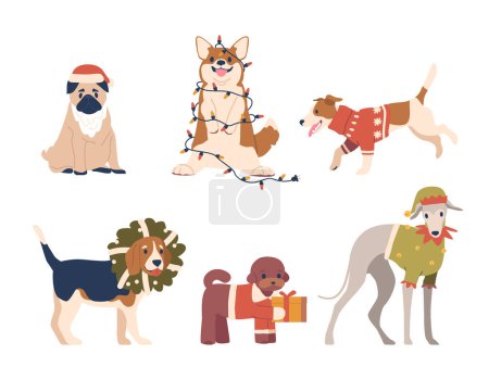 Illustration for Christmas Dogs Don Santa Hats, Wagging Tails, And Joyfully Unwrap Presents, Spreading Holiday Cheer With Their Infectious Enthusiasm And Adorable Antics. Cartoon Vector Illustration - Royalty Free Image