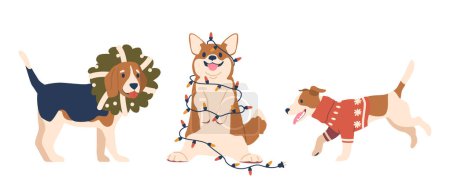 Illustration for Cheerful Christmas Corgi, Jack Russel and Beagle Dogs Wearing Cozy Sweater, Wreath and Wrapped in Garland, Wagging Their Tails, Spreading Holiday Joy And Warmth. Cartoon Vector Illustration - Royalty Free Image