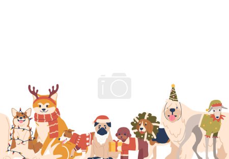 Illustration for Seamless Christmas Pattern Featuring Cute Dog. Pug, Shiba, Inu Or Komondor, Corgi, Jack Russel With Puddle And Beagle Pets In Festive Attire, Holiday Tile Wallpaper, Cartoon Vector Horizontal Border - Royalty Free Image