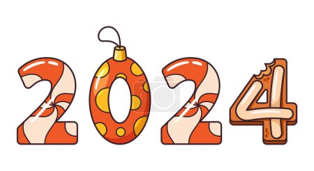 Ilustración de Christmas Cartoon 2024 Números de fuente, Decoraciones festivas caprichosas, con bastón de caramelo, Bauble y dígitos similares a galletas con acentos de acebo, invocando un espíritu festivo alegre. Ilustración vectorial - Imagen libre de derechos