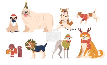 Illustration for Festive Christmas Dogs Wear Santa Hats, Eagerly Wagging Their Tails, Surrounded By Twinkling Lights And Ornaments, Spreading Holiday Cheer With Their Joyful Presence. Cartoon Vector Illustration - Royalty Free Image