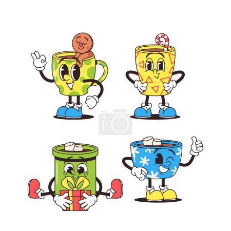 Illustration for Retro-style Cartoon Mugs Feature Charming, Whimsical Characters, Reminiscent Of Classic Animation, Adding Nostalgia And Cheer. Coffee, Cocoa with Marshmallow, Candy Cane and Gingerbread Man Decor - Royalty Free Image