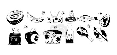 Spoiled Food Black and White Icons Set. Rotting Fruits, Moldy Bread, Rancid Meat, And Curdled Dairy, Emitting A Pungent Odor, Creating A Repulsive, Unappetizing Scene. Monochrome Vector Illustration