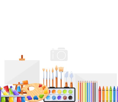 Illustration for Seamless Pattern Featuring Various Artist Items Like Brushes, Palettes, Easels, And Paint Tubes, Creating A Vibrant And Creative Design. Cartoon Vector Illustration, Horizontal Border, Tile Wallpaper - Royalty Free Image