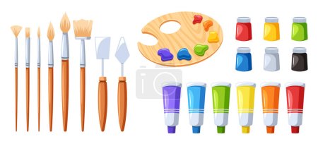 Illustration for Vibrant Paint Tubes, Assorted Brushes Poised, A Color-loaded Palette, And Palette Knives For Creative Mastery. Set of Artist Tools, Ready To Craft A Masterpiece. Cartoon Vector Illustration - Royalty Free Image