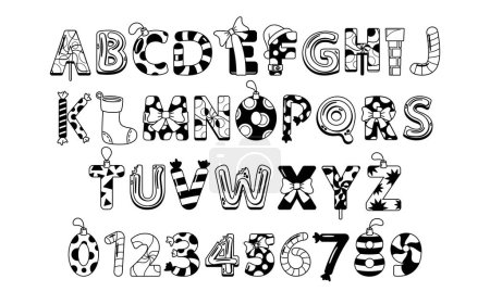 Illustration for Christmas Alphabet Font Features Festive Black and White Letters With Holiday-themed Elements Like Candy Canes, Ornaments, And Bows, Perfect For Adding Seasonal Cheer To Designs. Vector Illustration - Royalty Free Image