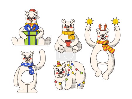 Ilustración de Personajes de osos polares navideños de estilo retro de dibujos animados, adornados con bufandas acogedoras y sombreros de Santa, patas ondulantes, regalos abrazantes, chispas que sostienen, encanto navideño nostálgico radiante. Ilustración vectorial - Imagen libre de derechos