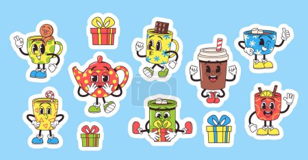 Illustration for Set of Adorable Stickers, Retro-style Cartoon Teapot And Mug Characters, Brimming With Charm, Adding A Nostalgic Touch To Messages. Cartoon Vector Coffee, Cocoa or Tea Cup Personages with Sweets Decor - Royalty Free Image