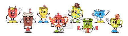 Ilustración de Característica de las tazas de dibujos animados de estilo retro Personajes encantadores de inspiración vintage con colores brillantes, diseños caprichosos y un toque de nostalgia. Taza de café, cacao, chocolate y tetera. Ilustración de vectores, conjunto - Imagen libre de derechos