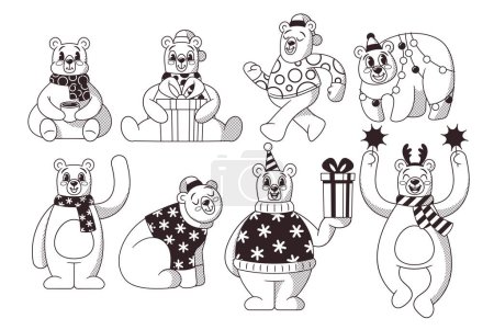 Illustration for Black and White Cartoon Retro-style Christmas Polar Bear Characters Set. Vintage Monochrome Bears Don Cozy Scarves, Sweaters and Hats, Spreading Winter Joy With Touch Of Nostalgia. Vector Illustration - Royalty Free Image