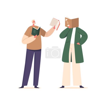 Illustration for Male and Female Characters Engrossed In Books, Each Lost In Their Own World, Surrounded By The Magic Of Literature, Fostering Imagination And Knowledge. Cartoon People Vector Illustration - Royalty Free Image