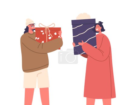 Illustration for Man and Woman Giving Presents to Each Other for Festive Event. Male and Female Couple Characters Exchange Presents for Winter Holidays Celebration. Happy Friends Greetings. Cartoon Vector Illustration - Royalty Free Image