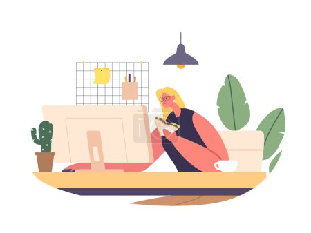 Illustration for Office Woman, Focused On Her Work, Takes A Quick Break To Eat A Sandwich At Her Desk, Juggling Tasks In A Busy Workplace. Hungry Female Character Eating Lunch. Cartoon People Vector Illustration - Royalty Free Image