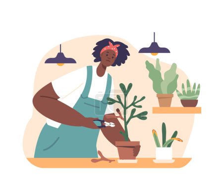 Illustration for Caring Woman Revives Wilted Plants With Gentle Pruning, Female Character Tenderly Nurturing Them Back To Life With Her Nurturing Touch And Green-thumb Expertise. Cartoon People Vector Illustration - Royalty Free Image