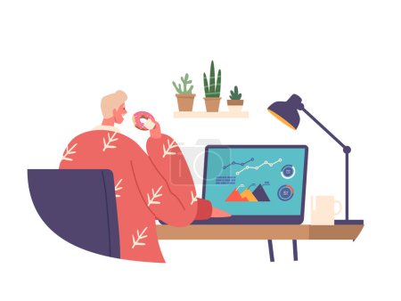 Illustration for Man Indulges In A Sugary Delight, Munching On A Donut At His Desk In The Office. Busy and Hungry Male Character Finding A Moment Of Bliss Amid Work Chaos. Cartoon People Vector Illustration - Royalty Free Image