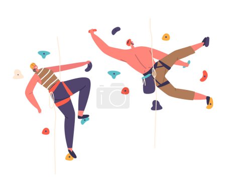 Illustration for Characters Bouldering On A Rock Wall, Displaying Strength And Balance, As They Climb With Ropes, Using Colorful Holds And Mats For Safety In An Indoor Climbing Gym. Cartoon People Vector Illustration - Royalty Free Image