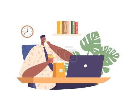 Illustration for Man Devours Crispy French Fries At His Desk, In The Busy Office. Hungry African American Male Character Indulging In A Guilty Pleasure During His Lunch Break. Cartoon People Vector Illustration - Royalty Free Image