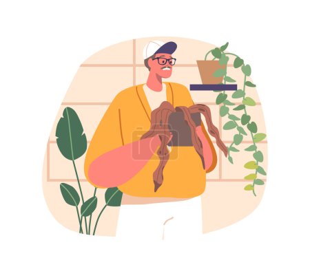 Illustration for Man Carefully Tends To Wilted Plants, Male Character Gently Watering, Pruning, And Reviving Them With Love And Patience, Giving Them A Second Chance At Life. Cartoon People Vector Illustration - Royalty Free Image