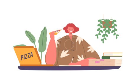 Ilustración de Ocupada mujer de la oficina se deleita en una pausa rápida de pizza en su escritorio embrujado. Personaje femenino saboreando una rebanada en medio del caos de los papeles y los teléfonos que suenan. Dibujos animados Gente Vector Ilustración - Imagen libre de derechos