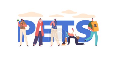 Illustration for Pets Concept, People Joyfully Embrace Their Dogs and Cats Companions, Sharing Laughter And Love. Heartwarming Bond Between Humans And Pets, Unspoken Connection. Cartoon Vector Poster, Banner, Flyer - Royalty Free Image