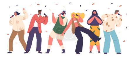 Illustration for Enthusiastic Male and Female Characters Gather In A Lit Room, Taking Turns On The Karaoke Stage, Belting Out Their Favorite Songs With Passion And Rhythm. Cartoon People Vector Illustration - Royalty Free Image