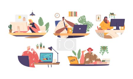 Illustration for Office Worker Characters Absorbed In Work, Nibbles On Sandwiches, Fast Food and Drinks At Their Cluttered Desk, Juggling Tasks While Trying To Maintain Productivity. Cartoon People Vector Illustration - Royalty Free Image