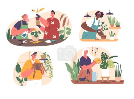 Illustration for Caring Male and Female Characters Nurture Ailing Plants With Tender Attention, Providing Water, Sunlight, And Love To Revive Their Health And Vibrancy. Cartoon People Vector Illustration - Royalty Free Image
