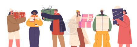 Téléchargez les illustrations : Happy People in Warm Winter Wear and Hats Hugging Coffrets cadeaux pour la célébration de Noël. Personnages Hommes et femmes se tiennent debout avec des cadeaux de jours fériés isolés sur fond blanc. Illustration vectorielle de bande dessinée - en licence libre de droit