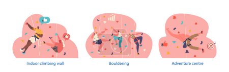 Illustration for Isolated Elements with Enthusiastic Climbers Scaling Colorful Bouldering Walls, Showcasing Strength, Balance, And Determination. People Creating A Vibrant And Energetic Atmosphere At The Climbing Gym - Royalty Free Image