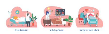 Izolowane elementy wektorowe z hospitalizacji starszych znaków występuje z powodu chorób związanych z wiekiem lub urazów, Wymaganie specjalistycznej opieki, Monitoring, Wsparcie. Ilustracja wektor ludzi z kreskówek