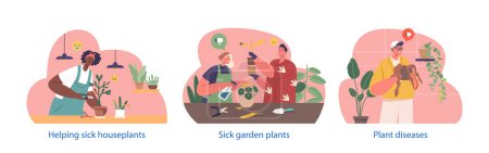 Illustration for Isolated Elements with Characters Carefully Nurse Wilted Plants, Gently Watering And Providing Sunlight, Reviving Their Drooping Leaves With Love And Care. Cartoon People Vector Illustration - Royalty Free Image