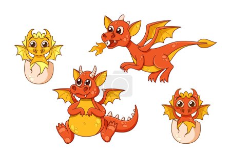 Téléchargez les illustrations : Adorables dragons de bande dessinée avec des échelles rouges et jaunes vibrantes, des yeux étincelants, du feu et des expressions amicales. Personnages ludiques mignons avec des ailes et des sourires enchanteurs Hatch de Egg. Illustration vectorielle - en licence libre de droit
