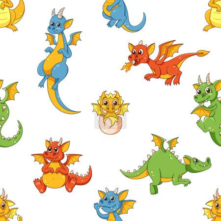Illustration for Delightful Seamless Pattern Featuring Adorable Cartoon Dragon Characters In Vibrant Colors, Playfully Intertwined, Creating Charming And Fantastical Design. Vector Illustration, Background, Wallpaper - Royalty Free Image