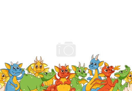 Illustration for Seamless Pattern Featuring Adorable Cartoon Dragon Characters In Playful Poses, , Creating A Charming And Magical Design. Whimsical Tile Background, Vector Illustration, Horizontal Border, Wallpaper - Royalty Free Image