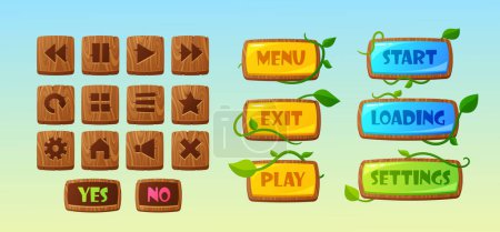 Illustration for Game Menu Interface, Wooden Board With Buttons Restart, Loading, Play, Settings And Exit. Cartoon Vector Ui Or Gui Interface Elements. Isolated 2d Graphics, Wood Plank Texture Popup Selection Options - Royalty Free Image