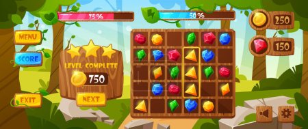 Vibrant Gem Game Interface With Sparkling Jewels on Board and Forest Landscape Background. Match And Collect Dazzling Gemstone Crystals Interface with Captivating Graphics. Cartoon Vector Illustration