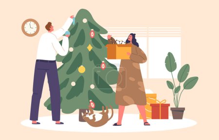 Ilustración de Personajes alegres de pareja adornados con atuendo festivo decora un árbol de Navidad centelleante, intercambiando sonrisas y risas, rodeados por el calor de las luces navideñas. Dibujos animados Gente Vector Ilustración - Imagen libre de derechos