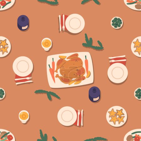 Illustration for Seamless Pattern Featuring A Festive Christmas Tabletop with Holiday Dishes and settings Top View. Charming Tile Background, Xmas Wallpaper Decorations, Repeating Design. Cartoon Vector Illustration - Royalty Free Image