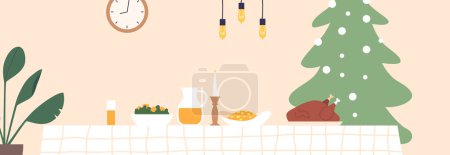 Illustration for Festive Christmas Table With Sparkling Decorations, Candles And Feast Of Delicious Dishes, Creating A Warm And Inviting Atmosphere For Joyful Celebrations With Family And Friends. Vector Illustration - Royalty Free Image