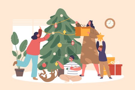 Ilustración de Alegre madre e hijos se reúnen alrededor, adornando el árbol de Navidad con adornos brillantes y luces centelleantes, creando una atmósfera festiva llena de calor y alegría navideña. Ilustración vectorial - Imagen libre de derechos