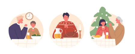 Illustration for Isolated Round Icons of Family Characters Gathered Around Festive Table In Christmas Prayer. Glow Of Love And Holiday Warmth Embraces Their Shared Moments Of Joy And Gratitude. Vector Illustration - Royalty Free Image