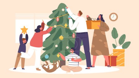 Téléchargez les illustrations : Des personnages de famille joyeux se rassemblent autour d'un arbre de Noël scintillant, des rires résonnent alors qu'ils décorent avec amour d'ornements et de lumières, créant des souvenirs festifs remplis de chaleur et d'esprit de vacances - en licence libre de droit