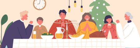 Illustration for Family Characters Gathered Around Festive Table, Share A Christmas Prayer, Hearts United In Gratitude. Soft Candlelight Flickers, Casting Warmth As Love And Blessings Fill The Air. Vector Illustration - Royalty Free Image