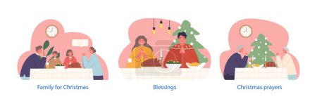Illustration for Isolated Vector Elements with Family Characters Gathered Around Festive Table, Share A Christmas Prayer, Hearts United In Gratitude. Candles Flicker, Casting Warmth As Love And Blessings Fill The Air - Royalty Free Image