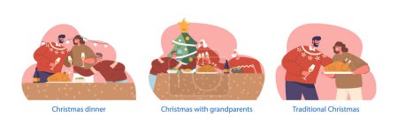 Illustration for Isolated Vector Elements with Joyful Family Characters, Parents, Grandparents and Kid Gathers Around Festively Decorated Christmas Table, Sharing Meals, Laughter And Love, Clinking Glasses Together - Royalty Free Image