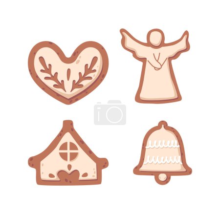 Téléchargez les illustrations : Biscuits au pain d'épice de Noël. Formes de pâtisserie de coeur, d'ange, de maison et de cloche ornées de glaçage festif, répandant une douce joie de Noël avec leur arôme délicieusement épicé. Illustration vectorielle de bande dessinée - en licence libre de droit